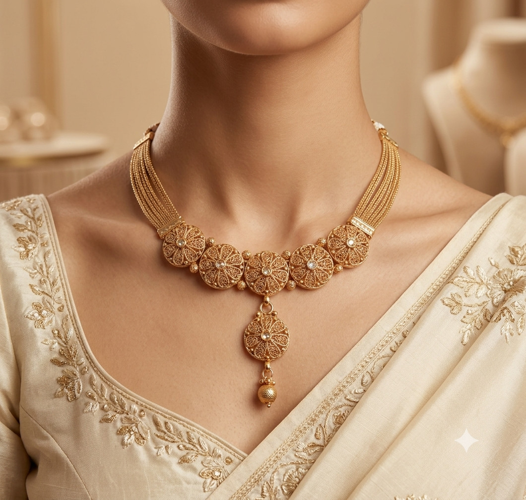 Sahila Antique Filigree Gold Kundan Necklace Set Matching Earrings Roz Jewellers