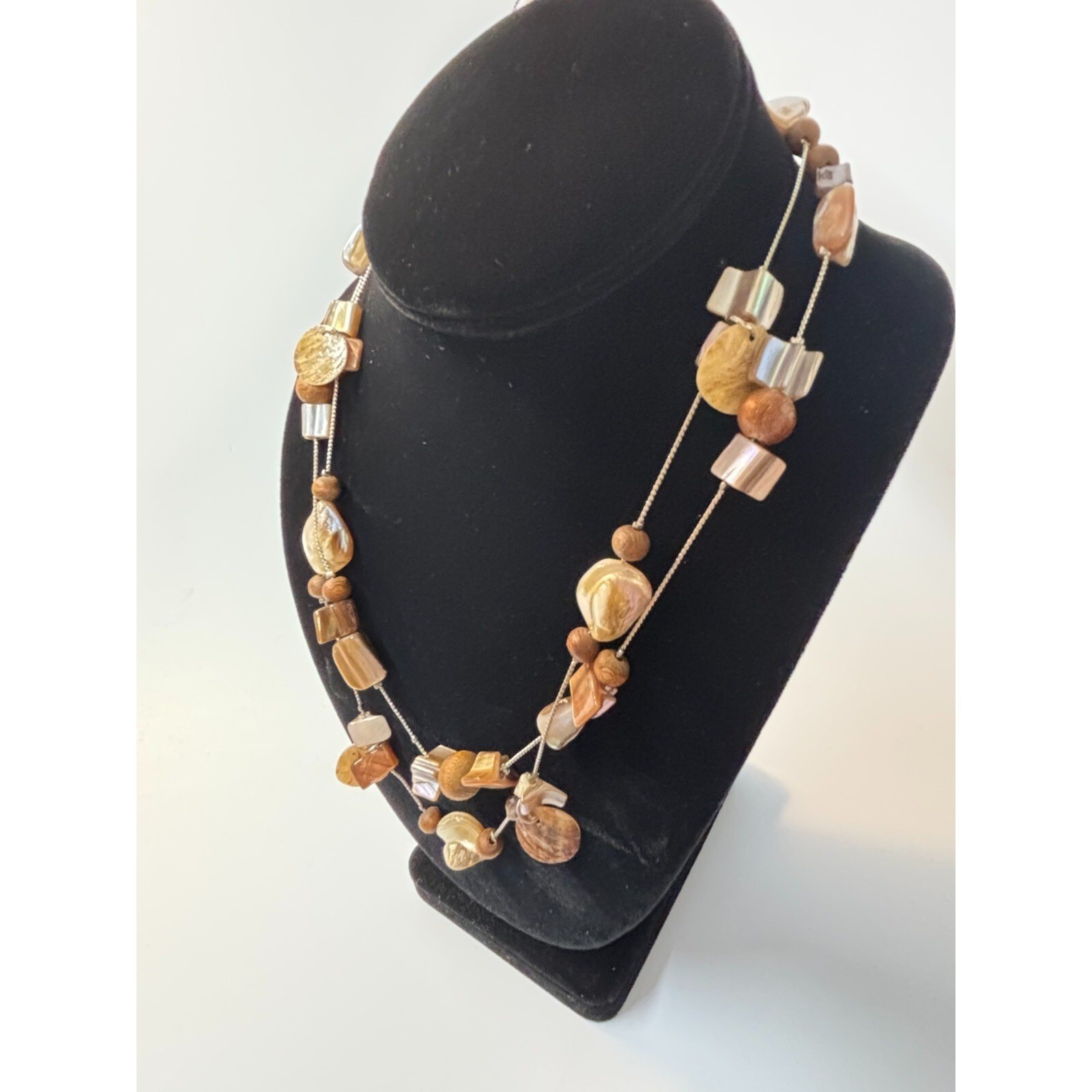 Long Statement Necklace Mother of Pearl Wood Beads Brown Artsy Boho Jewelry