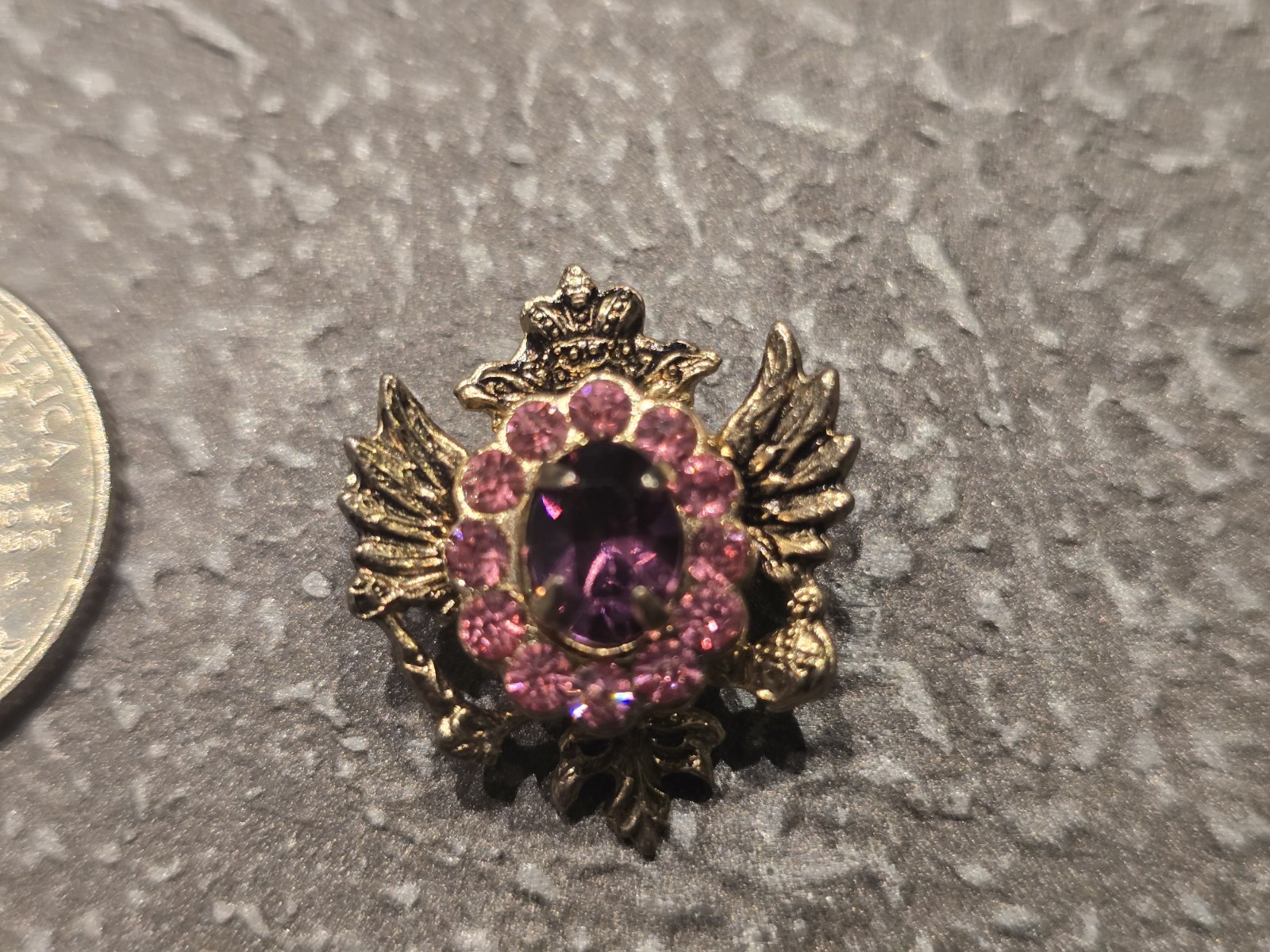 Coro Gold Tone Angel Brooch Pin Purple Oval Rhinestone Pink Accents Metal