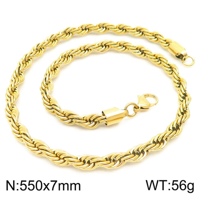 7mm 21.6” Stainless Steel Twist Rope Link Chain Necklace For Mens Women Golden
