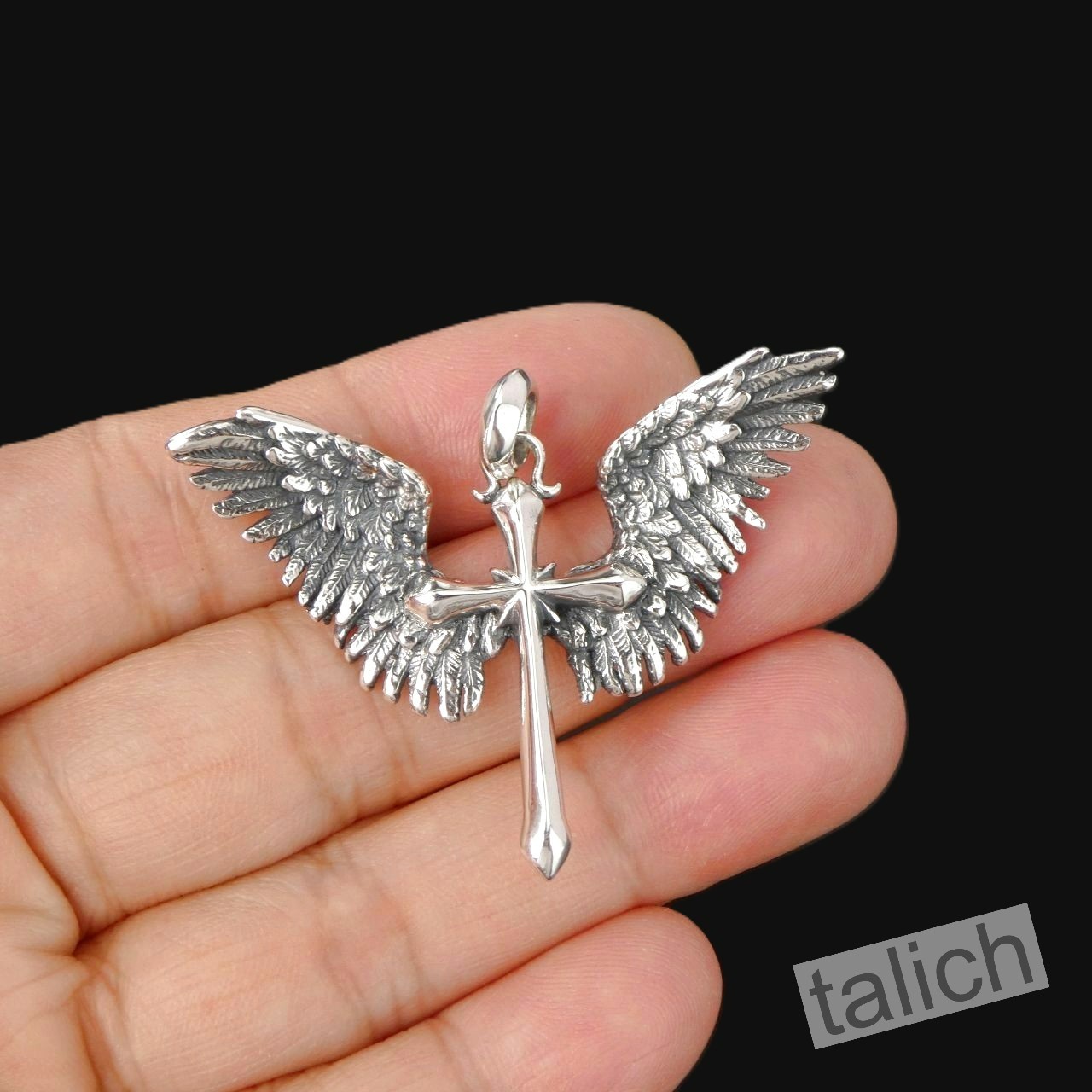 925 Sterling Silver Cross Pendant with Open Angel Wings Amulet Pendant Unique