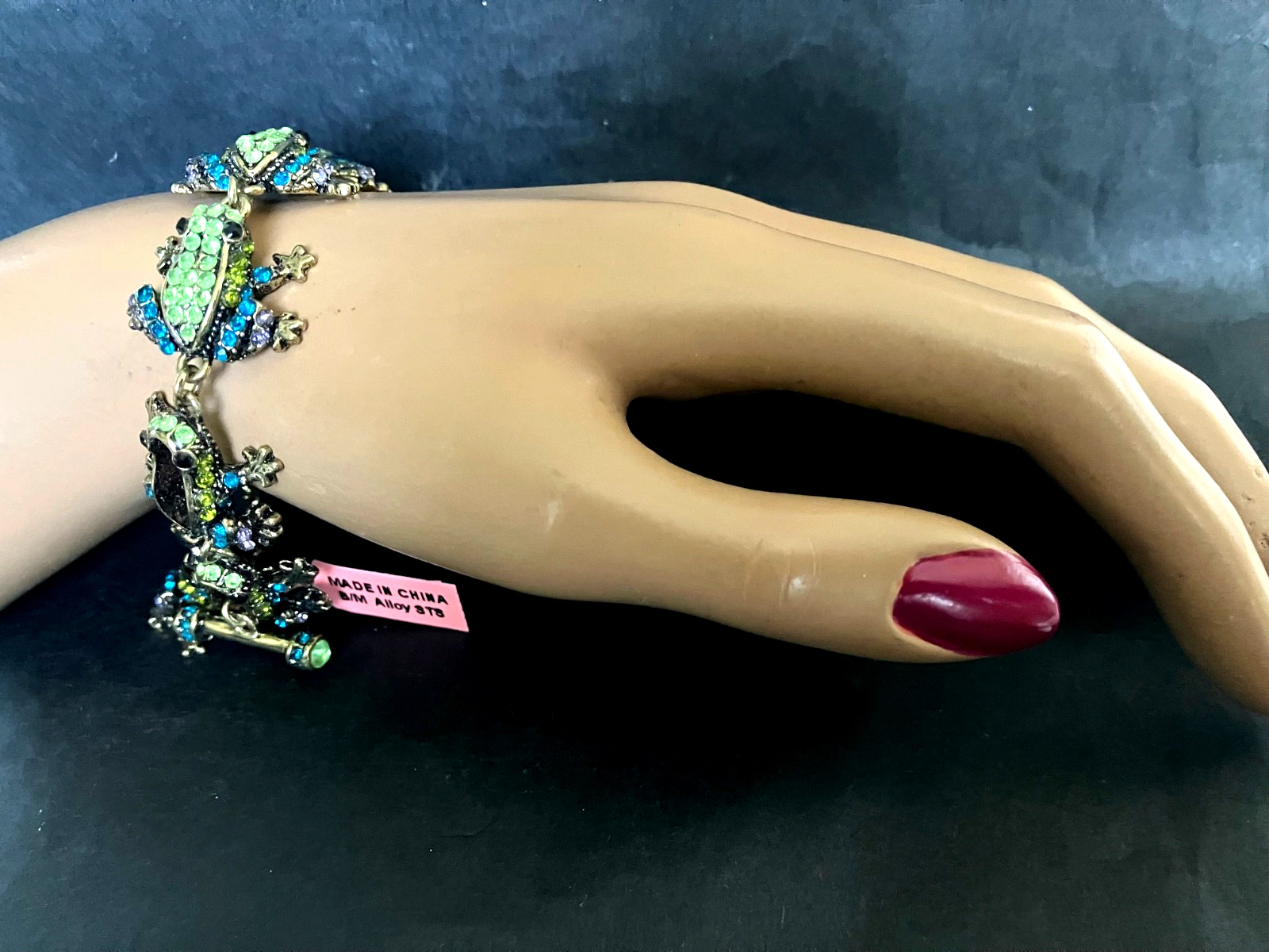 Gold tone Link Bracelet: Eight Green & Blue Pavé Rhinestone Frogs — NEW