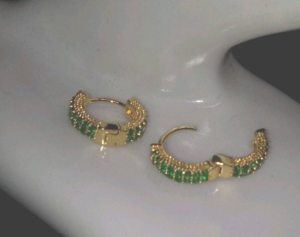 Emerald Green Pave Cubic Zerconia Gold Plated Huggie Earrings NWOT Fall ’25
