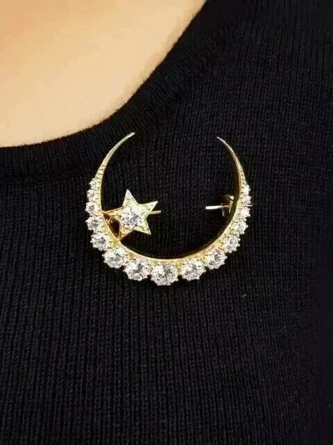 Round Cut Lab Created Diamond Crescent Moon Brooch Pin in 14K Yellow Gold Plated