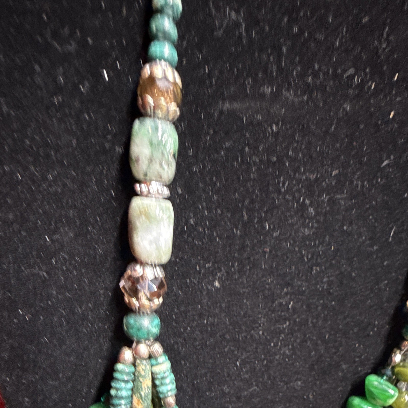 Green Multi-Strand Beaded Necklace Silver Tone Cross Charm, Adjustable Lobster