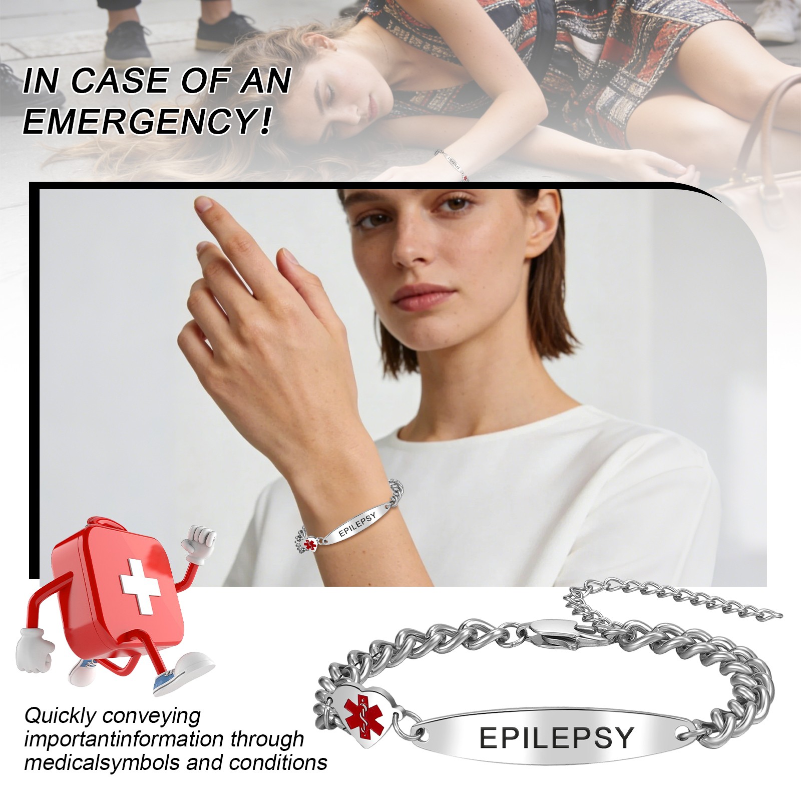 Women Heart Medical Alert ID Bracelet Emergency First Aid Health Alert Bangle