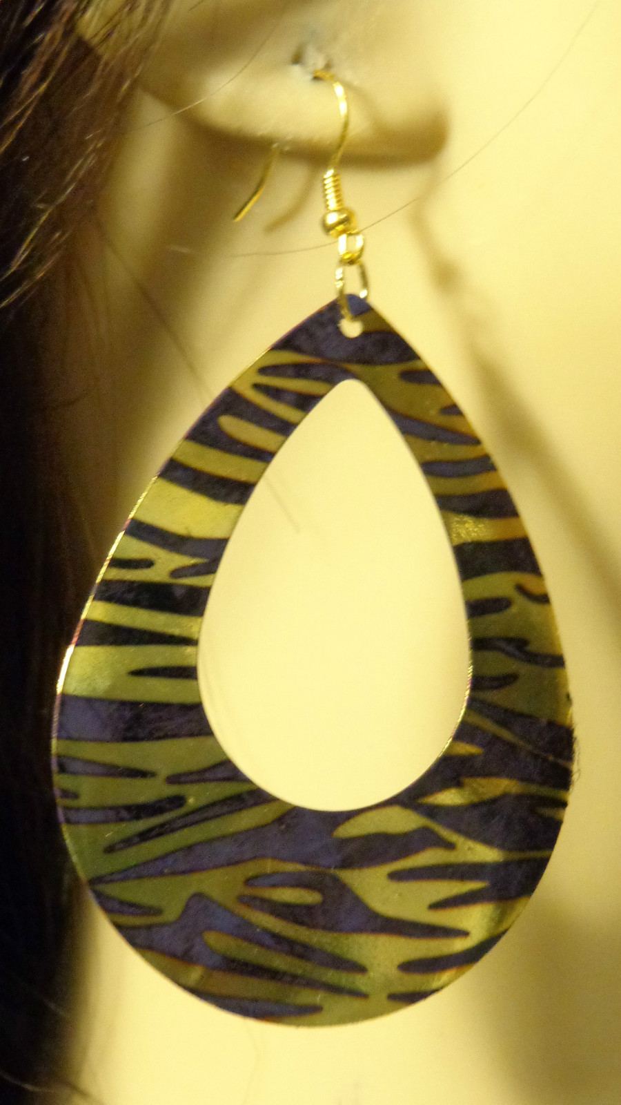 SHINY FOIL DANGLE EARRINGS ZEBRA PRINT EARRINGS GOLD OR SILVER TONE 3.5 IN L