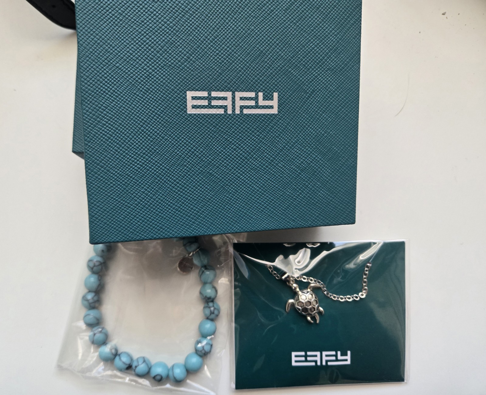 EFFY Turtle Necklace & Turquoise Bead Bracelet Jewelry Set Silver Tone Gift…