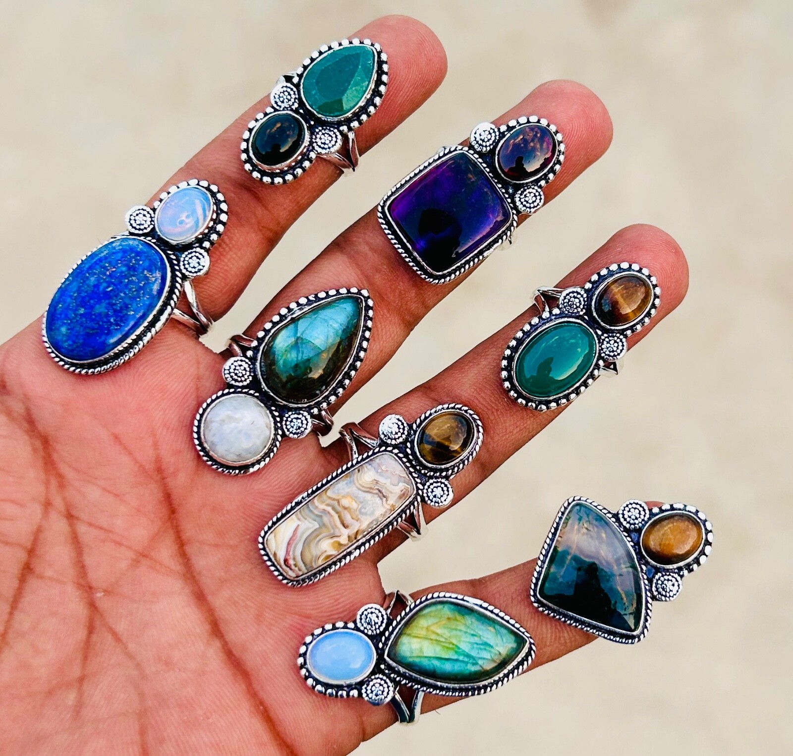 Assorted Double Gemstone Handmade Rings For Women, Wholesale Lot For Bulk Sale