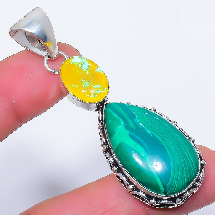 Malachite & Triplet Fire Opal Gemstone 925 Silver Plated Pendant 2.5″ F23