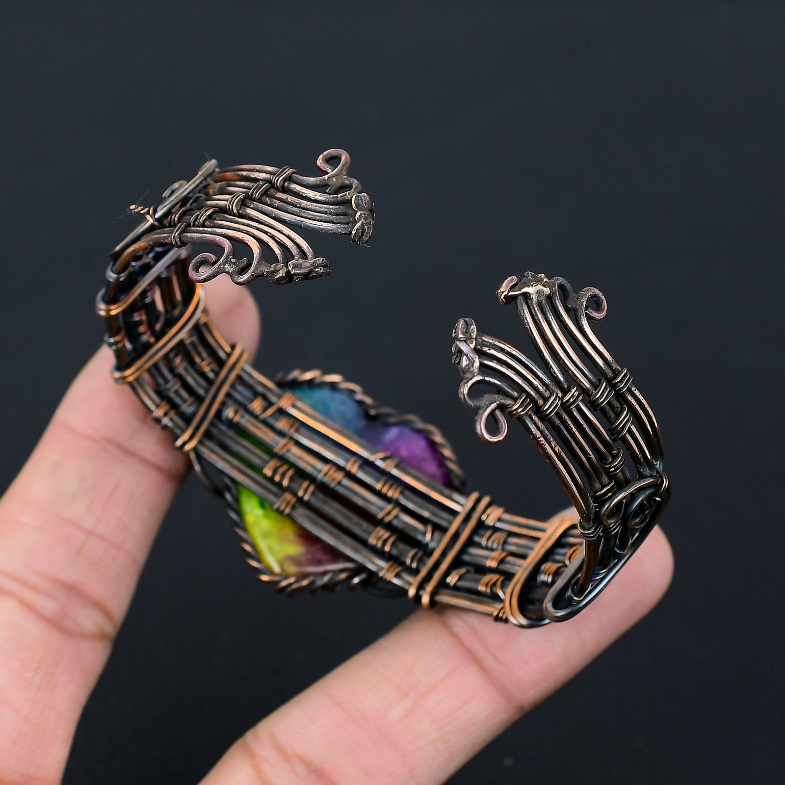Rainbow Solar Quartz Gemstone Copper Wire Wrap Bangle Adjustable Gift for Her t0
