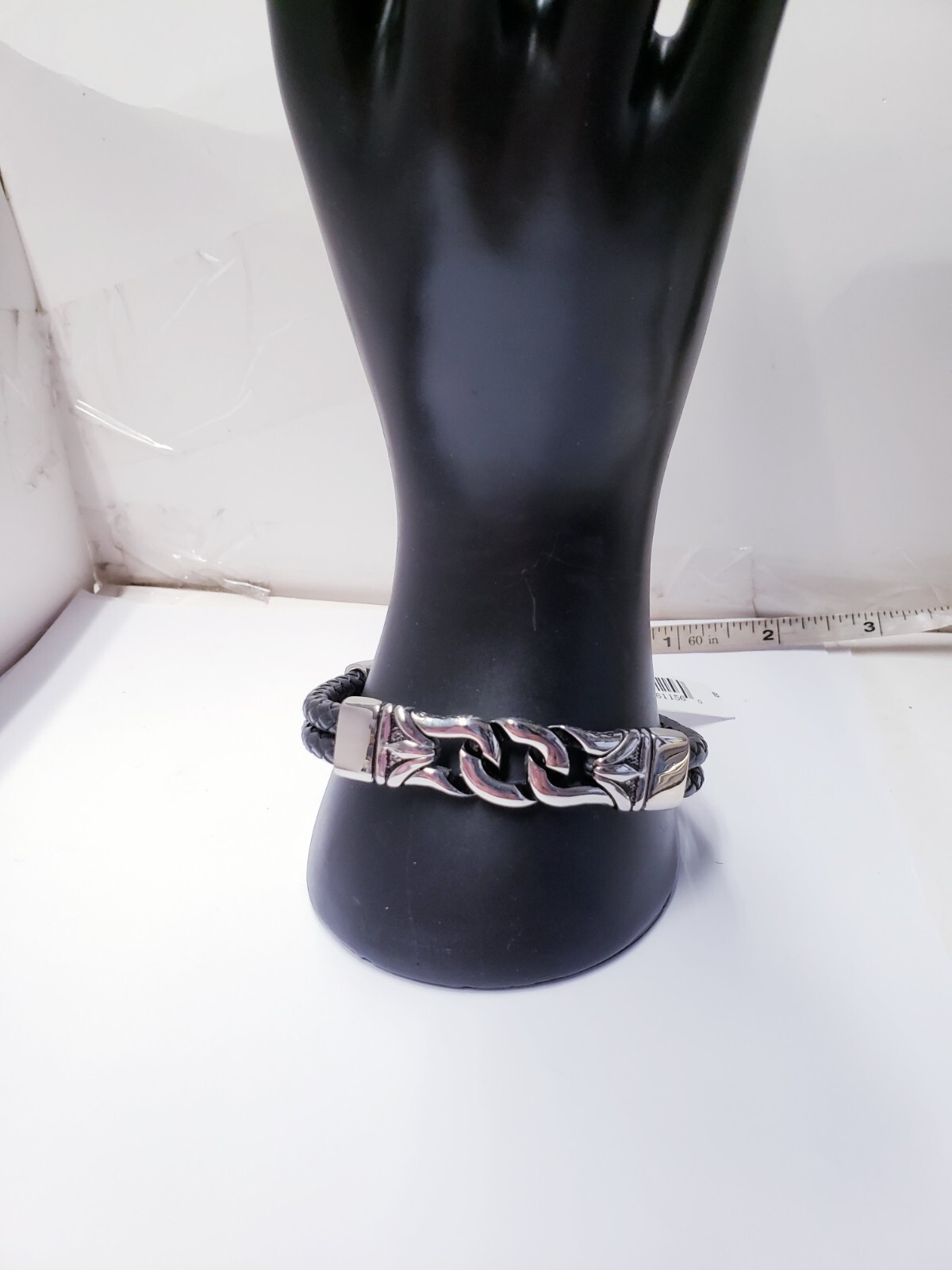 LYNX Black Ion-Plated Stainless Steel Black Leather Bracelet 8.5″