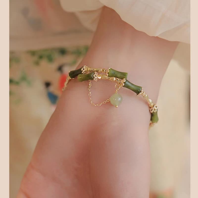 Chinese Style Pendant Bamboo Bead Bracelet Transparent Green Glass Charm Bangle