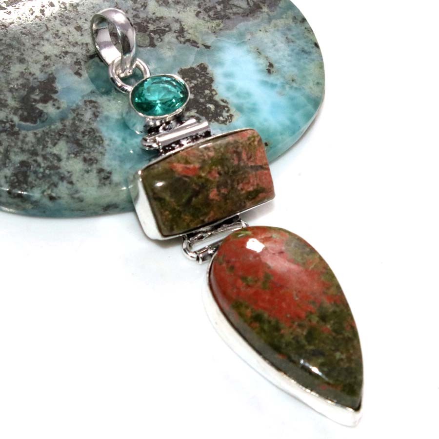 925 Silver Plated Long Unakite Green Topaz Pendant 2.7″ Festival Jewelry GW