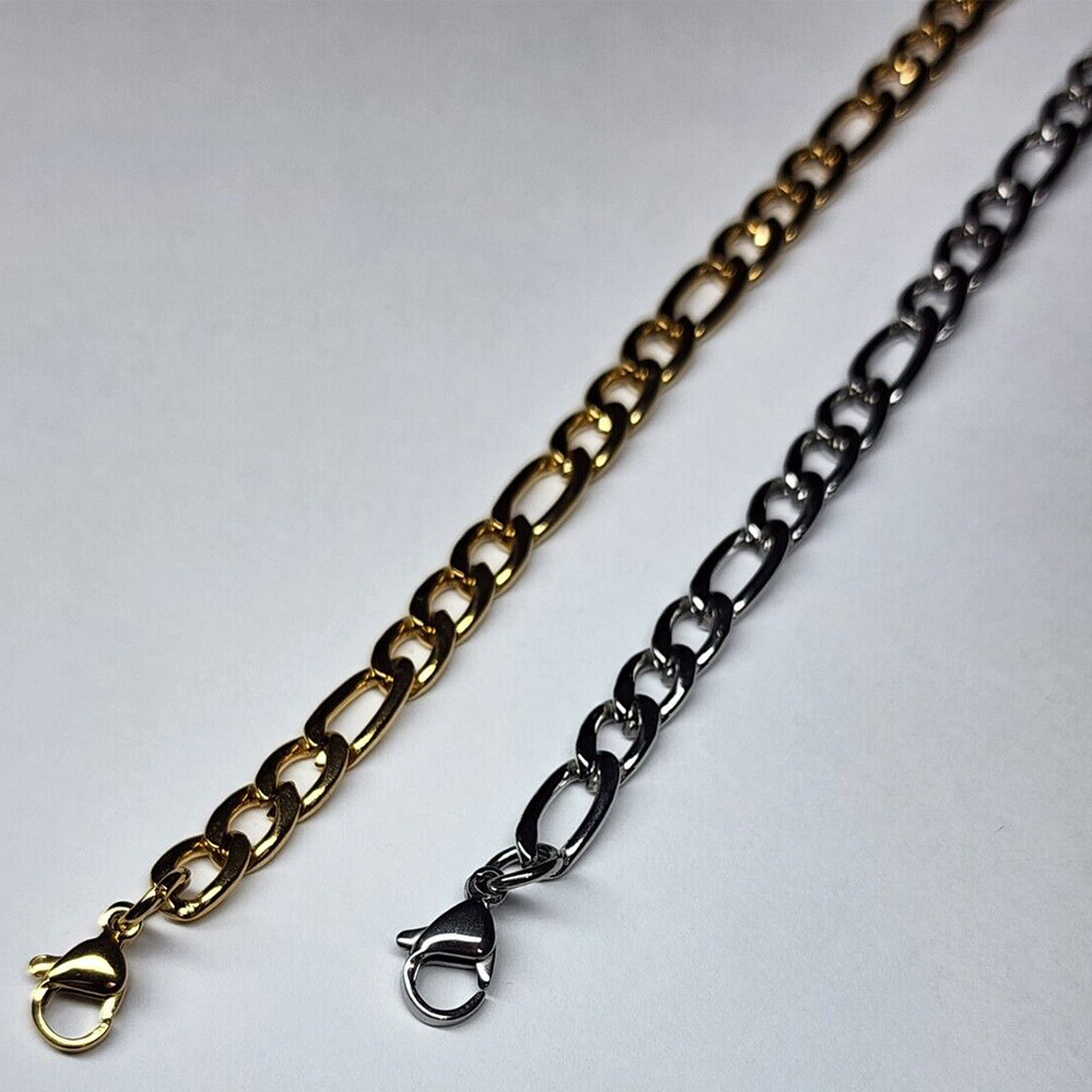 5mm Silver/Gold Plated Figaro Liink Chain Bracelet Stainless Steel Clasp Jewelry