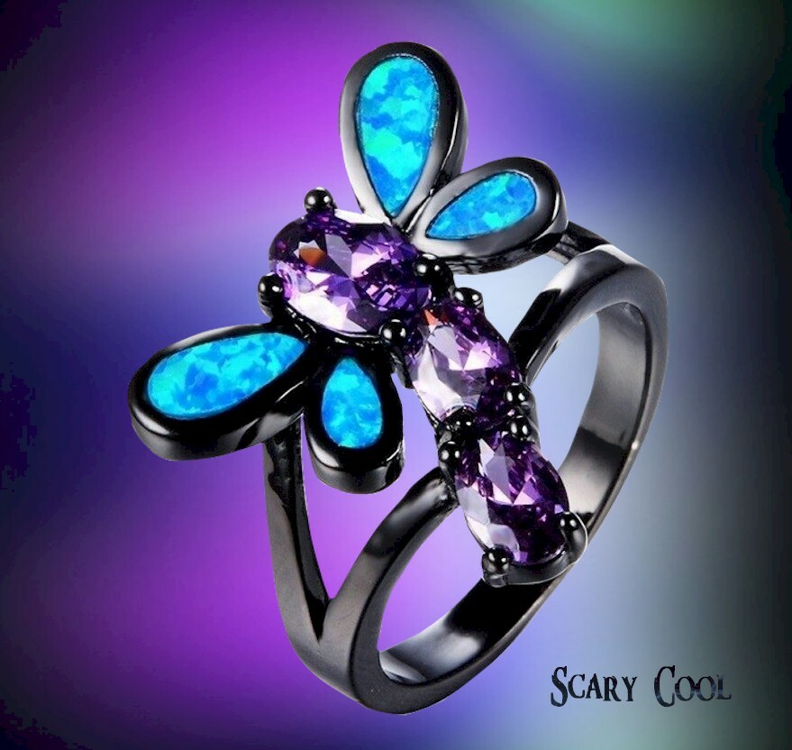 New Dragon Fly Black Purple Blue Crystal Stone Womens Vintage Ring