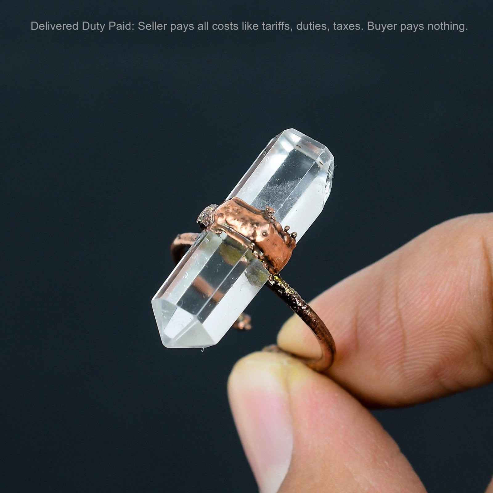 Copper Pentagon Crystal Gemstone Electroformed Stackable Statement Ring Jewelry