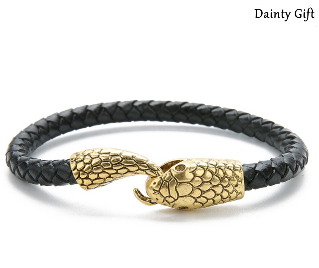 MEN /Women Animal Gold Snake Head Black Leather Bracelet / Wrist Bangle 6.5-9″