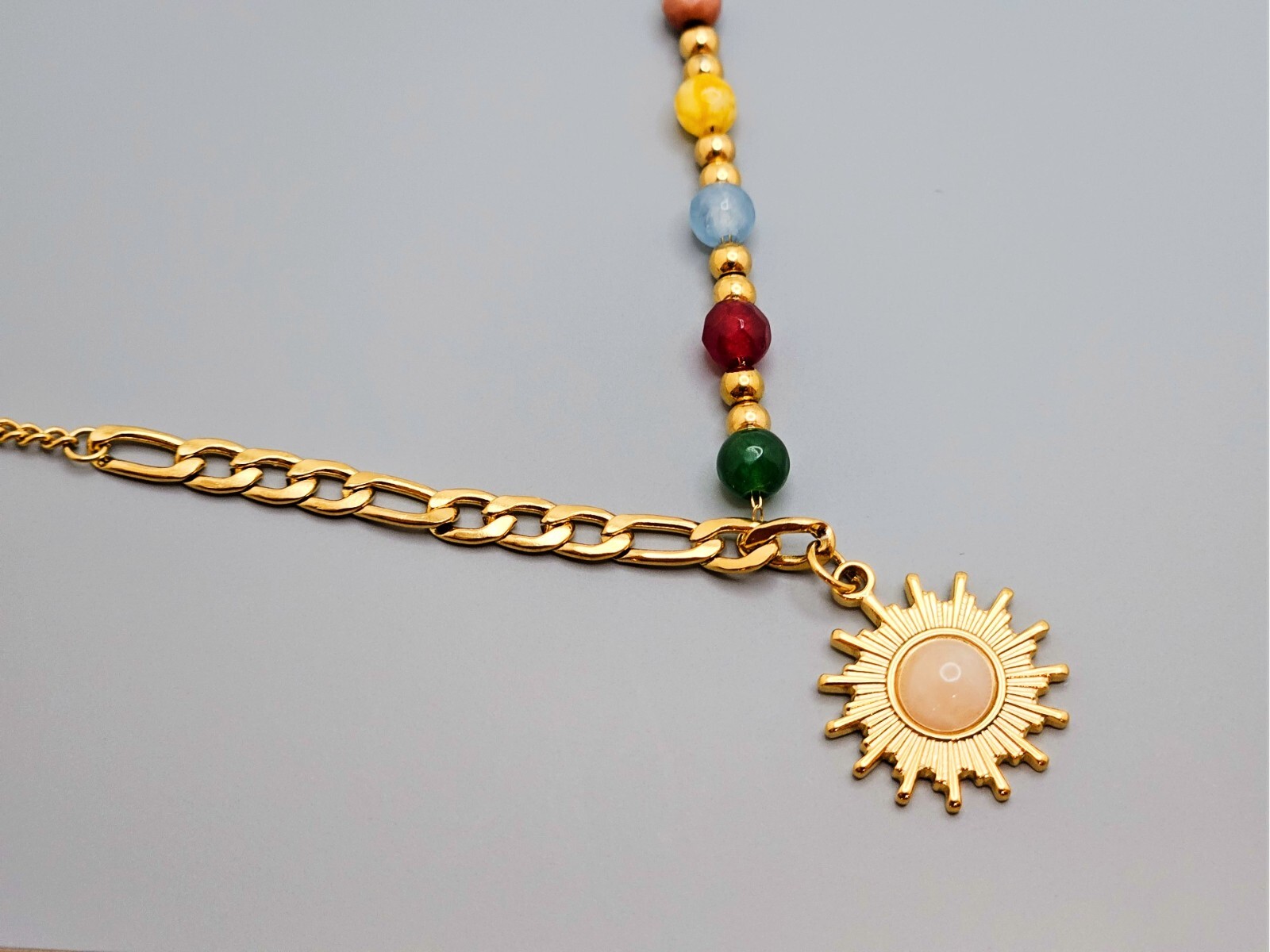 18K Gold Plated Half Colored Bead & Half Figaro Chain, Opal Stone Sun Necklace