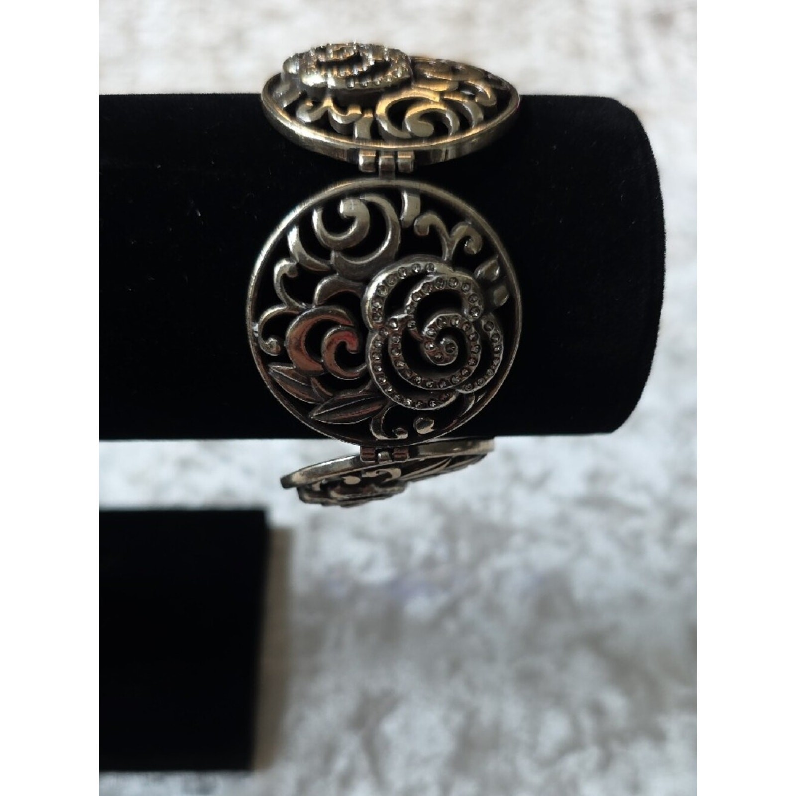 Brighton Retired Deco Rose Flower Silver Crystal Bracelet