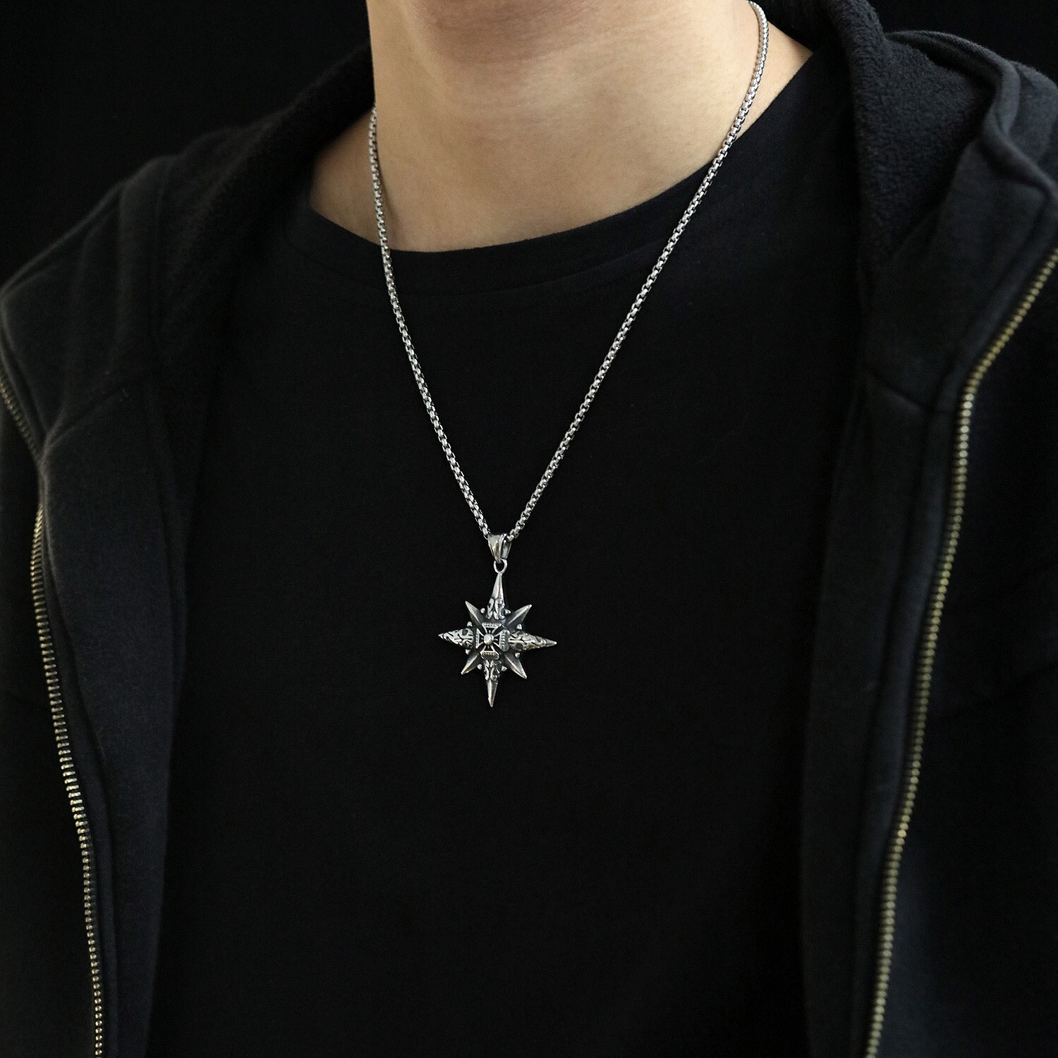 Mens Fashion Nautical North Star Compass Pendant Necklace Stainless Steel