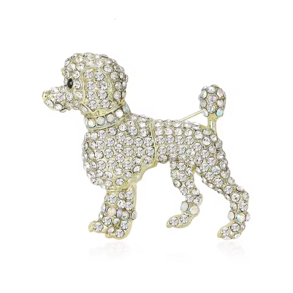 White Crystal Poodle Dog Brooch Pin Rhinestone Animal Statement Jewelry Gift