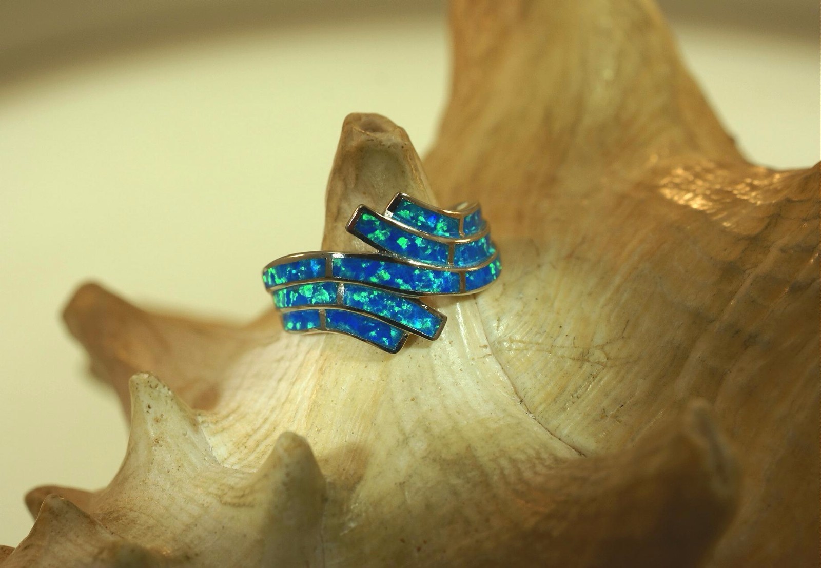 15MM HAWAIIAN RHODIUM ON 925 SILVER INLAID OPAL BREAKING OCEAN WAVE RING 5-10 #2