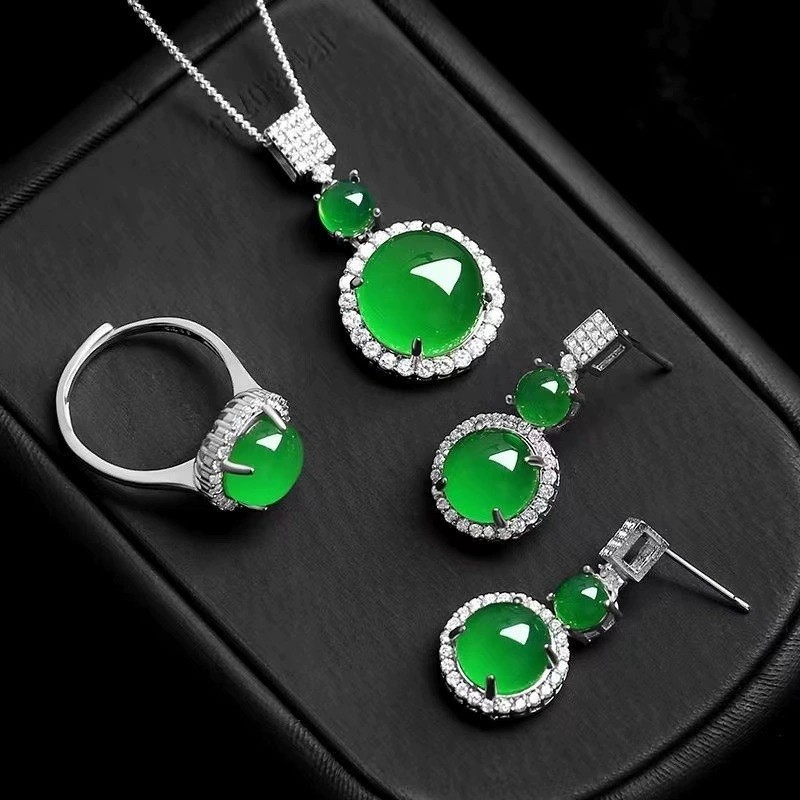3pcs set Egg Shaped Imitation Jade&CZ Inlay Silver Plated Necklace Earrings Ring