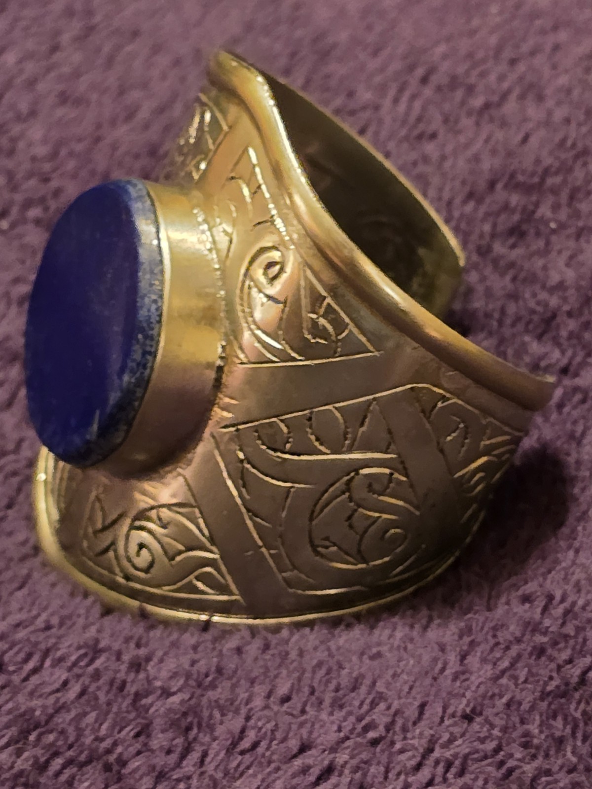Brass Silver & Gold Tone Tribal Bracelet Bezel-Set Round Lapis Stone Center Cuff