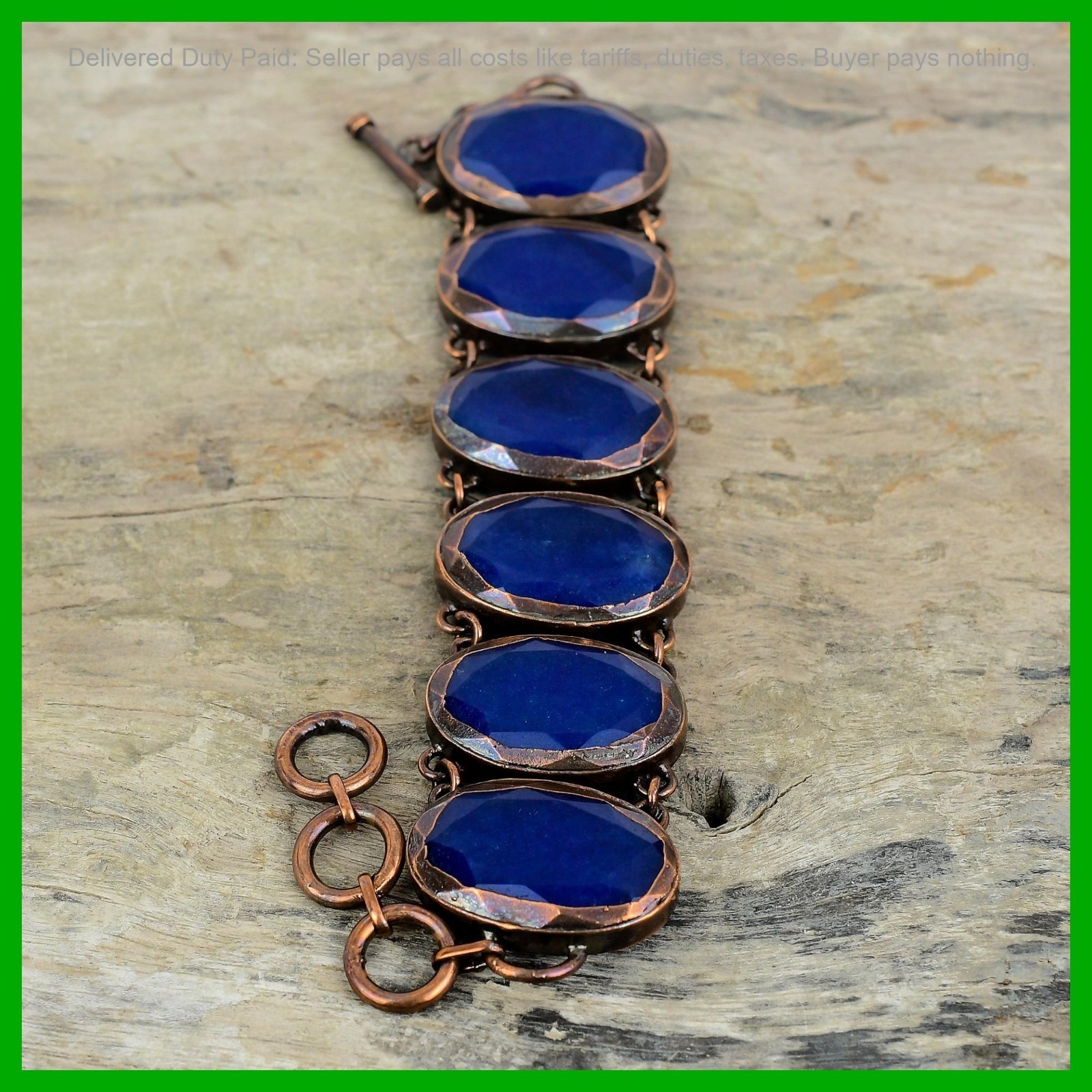 Oval Blue Saphire Stone Bezel Electroformed Chain Trendy Sister Bracelet Copper