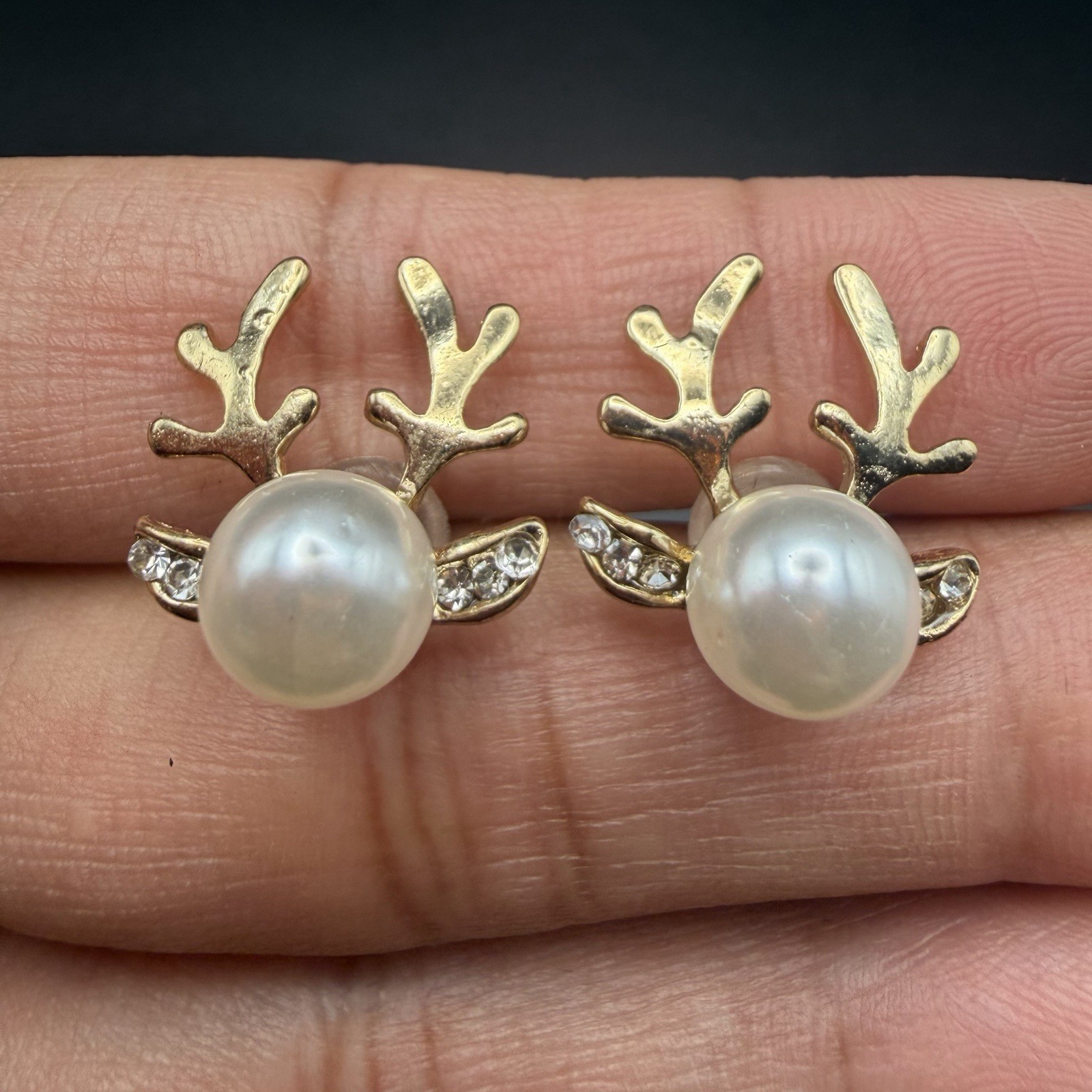 Christmas Deer Faux Pearl Gold Tone Ear Stud Earrings Christmas Gift Womens New