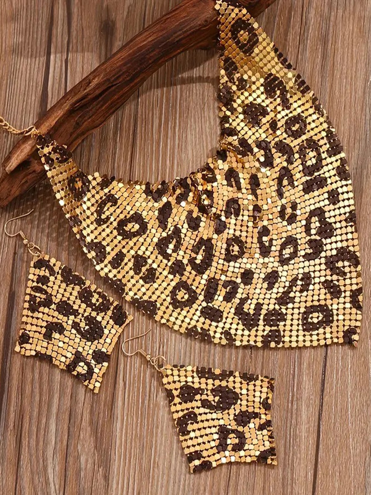 Punk Leopard Metal Mesh Choker Necklace Earrings Set Chunky Statement Jewelry