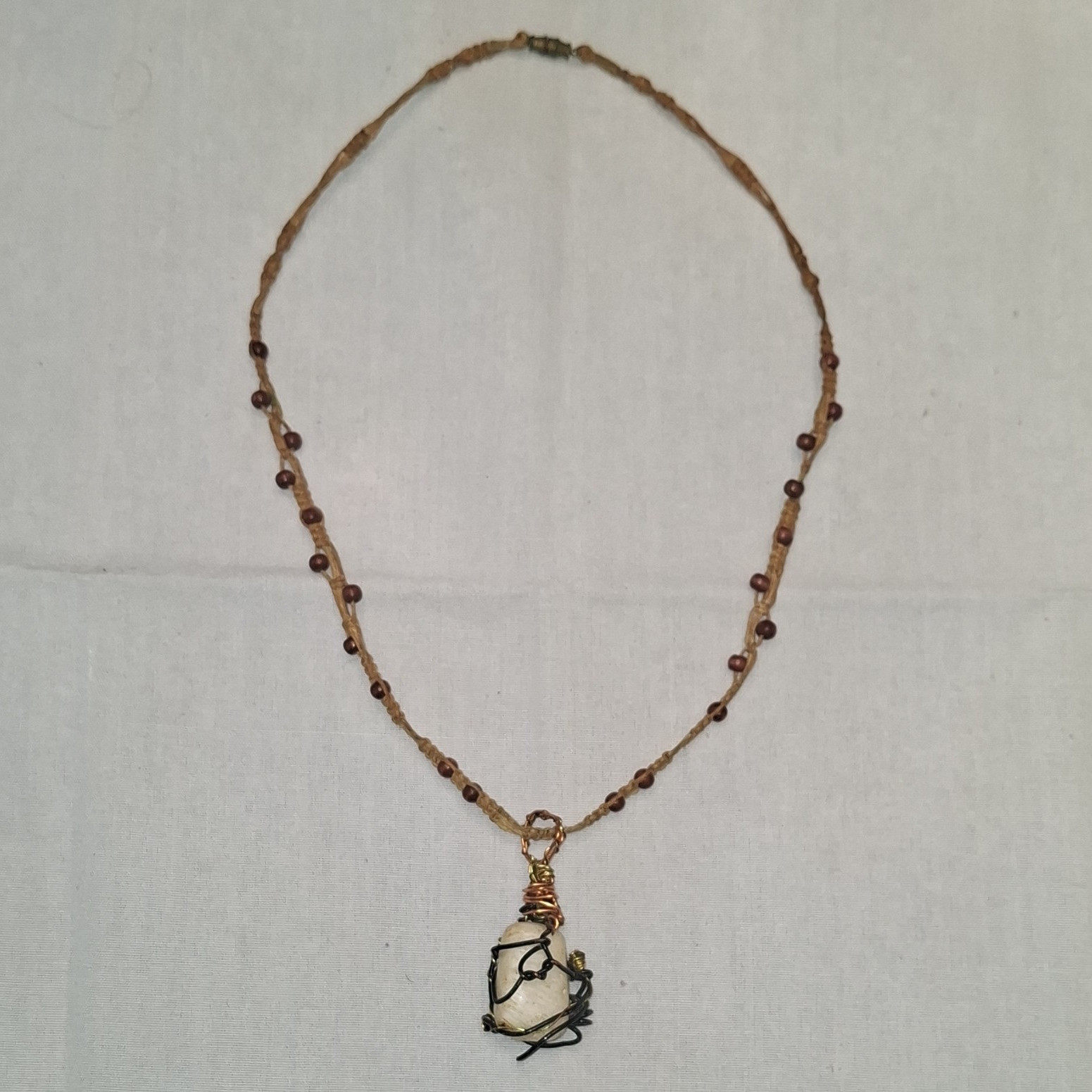 Vintage Bohemian Handcrafted Hemp Cord Necklace – Wire Wrapped Stone Pendant 24″