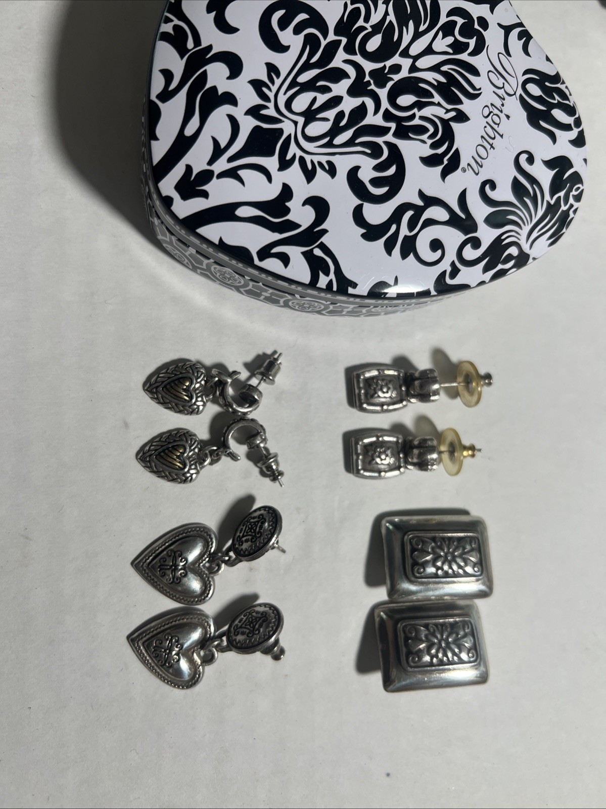 BRIGHTON Lot of 4 Silverplated Earrings Pierced Dangle Etched Wardrobe + Tin