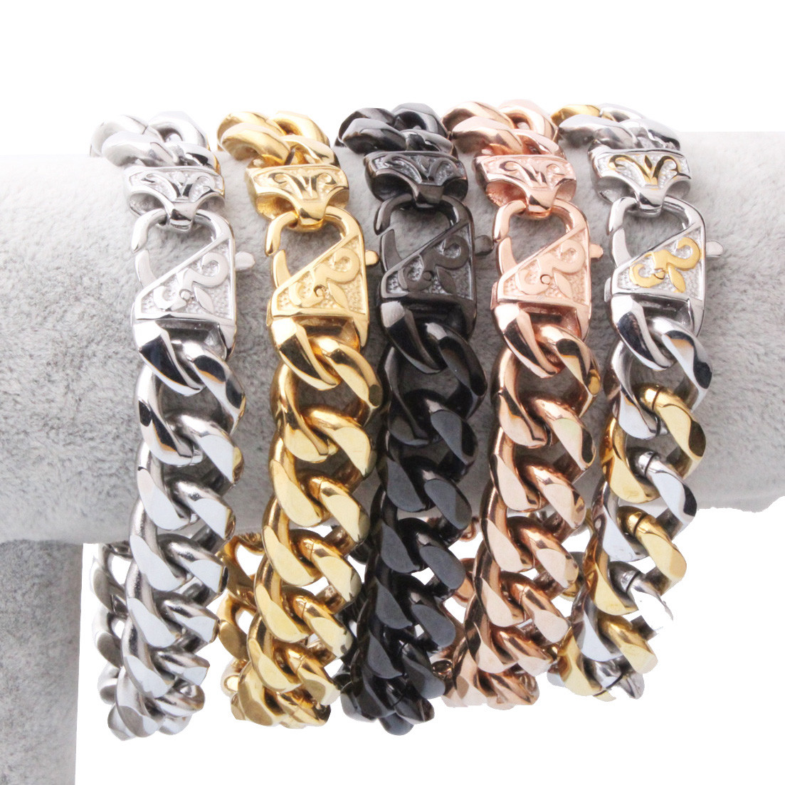 Heavy 12mm 15mm Mens Stainless Steel Silver Gold Black Curb Cuban Chain Bracelet