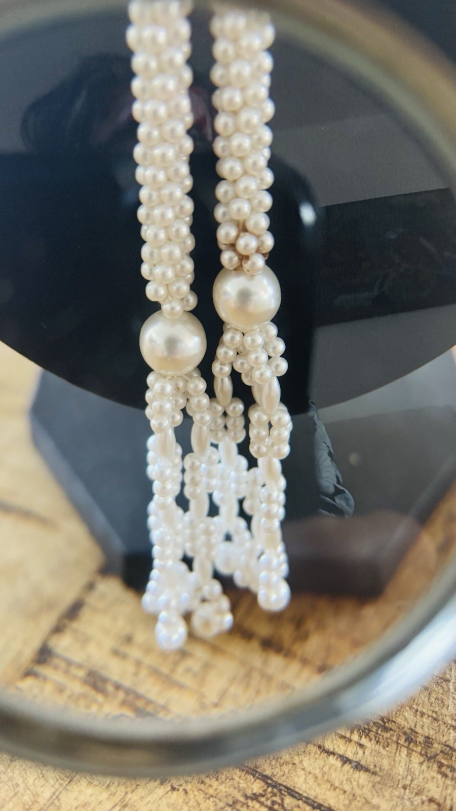 Faux Seed Pearl Lariat Necklace Woven Slider Tassel Flapper Boho VTG
