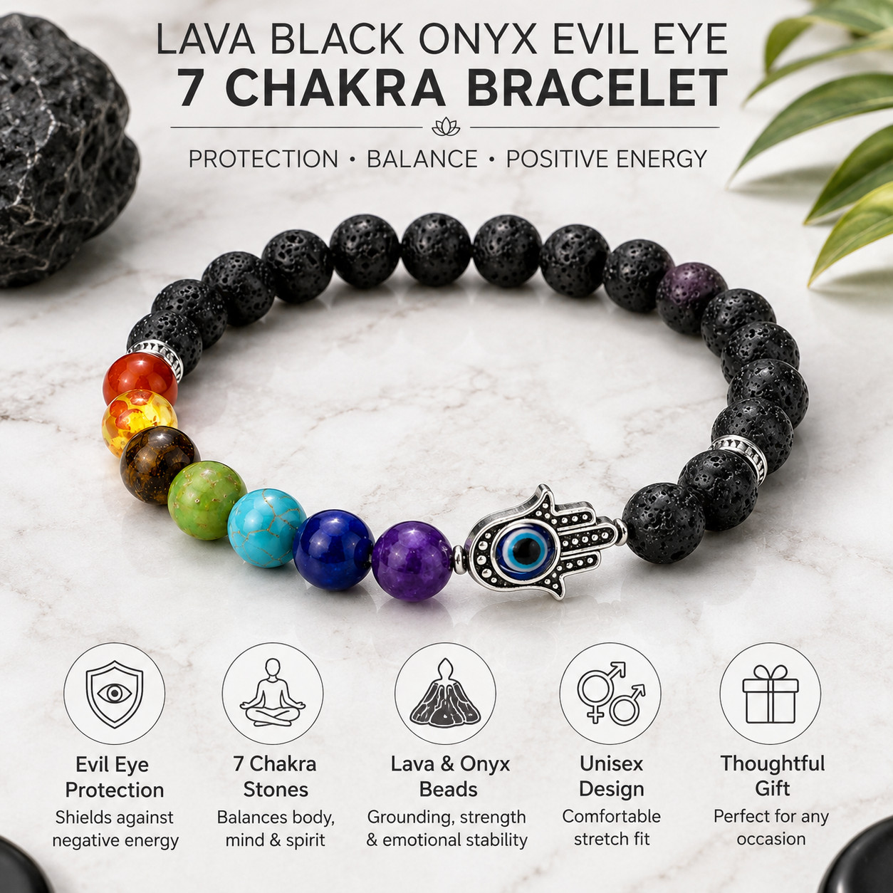 2 PCS – Lava Black Onyx Evil Eye Bracelet – 8mm Unisex Protection Bracelet
