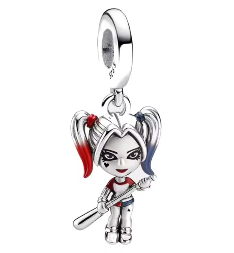 Silver 925 Signed Cartoon Girl Dangle Charm Bead Enamel Silver Red Blue Black
