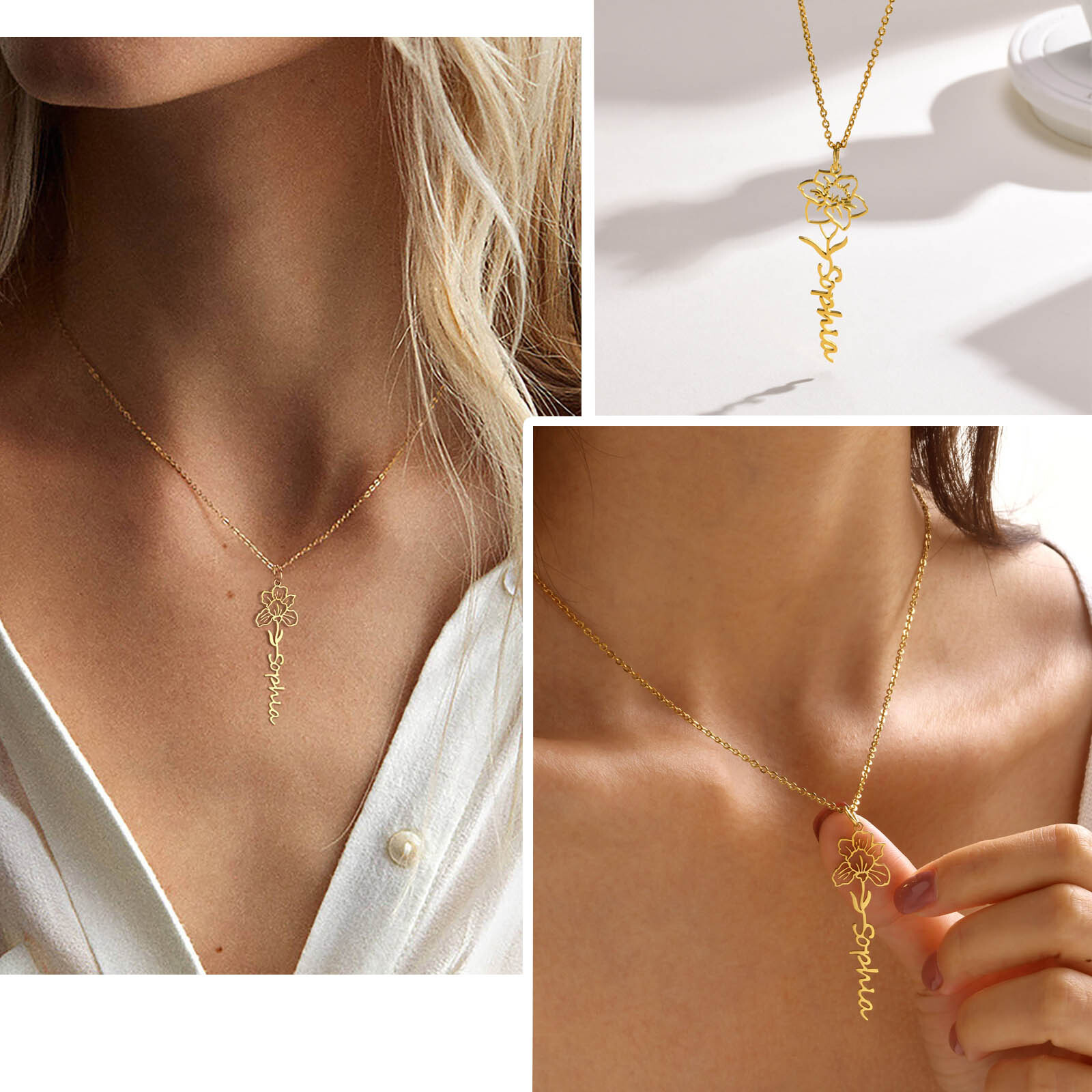 Birth Flowers Necklaces Name Personalized Pendant Gold Silver Gift Christmas Mom