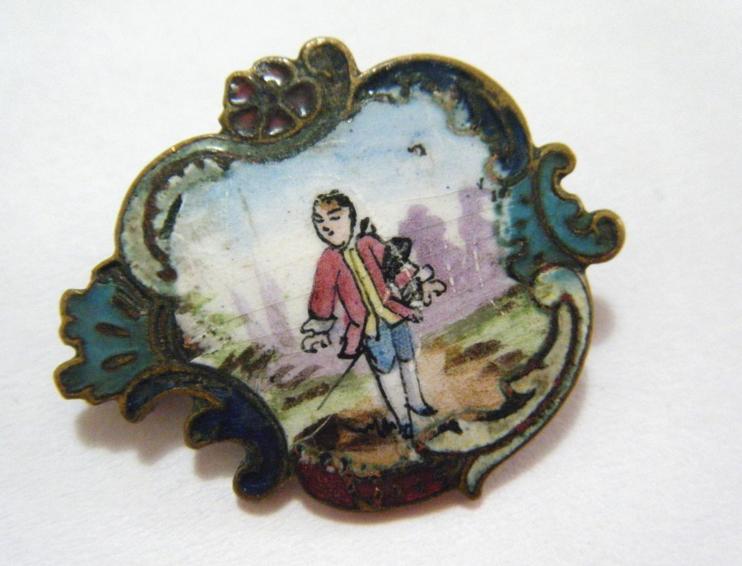 Antique 1800s Victorian French Champlevé Enamel 0n Bronze Figural Brooch
