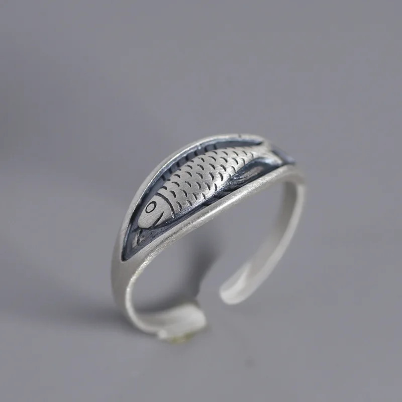 Retro Fish Ring Sterling Silver 925 Geometric Adjustable Open Cocktail Band