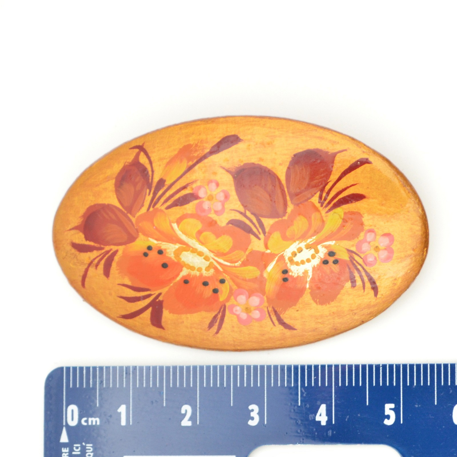 Hand Painted Wood Floral Brooch Pin Signed Solodova 2004 Oval Russian Style