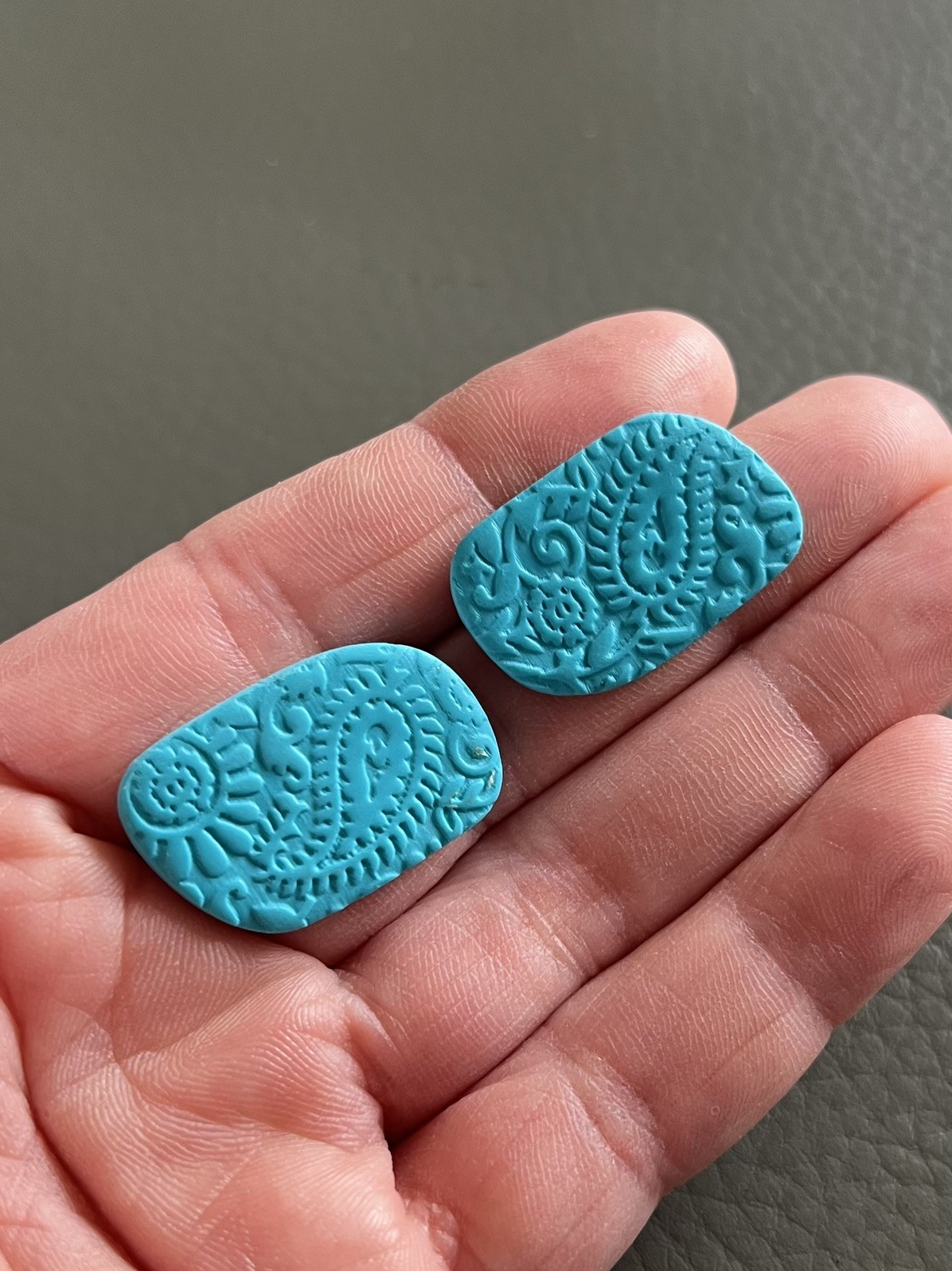 Handmade Turquoise Polymer Clay Stud Earrings – Paisley – Ultra Lightweight