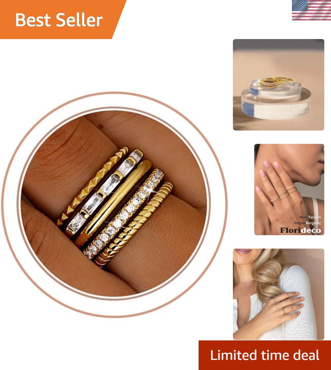Chic 14K Gold Filled Stacking Ring Set: 5 Non-Tarnish Rings for Women, Size 6-10