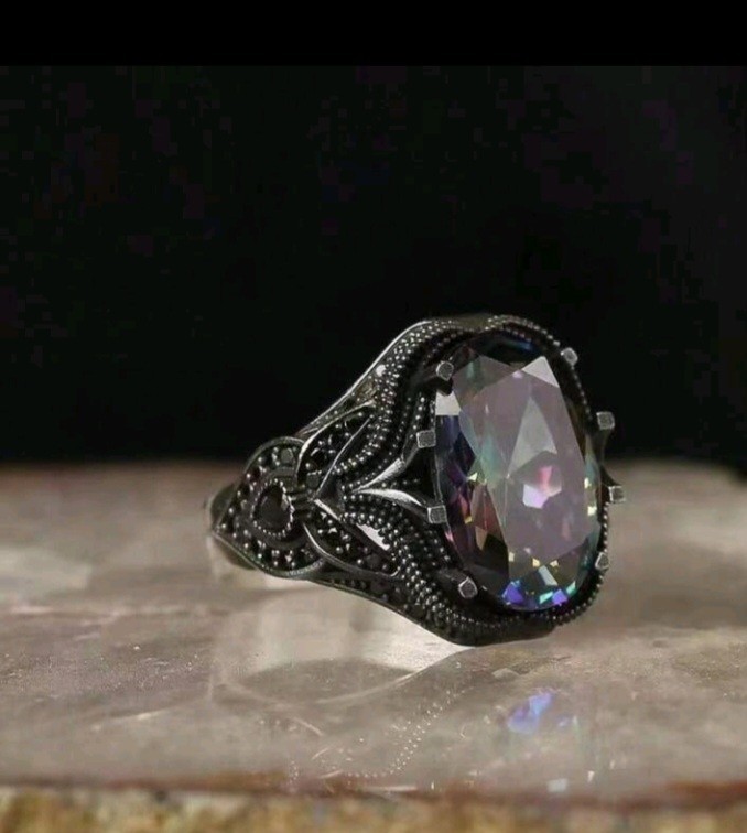 Men’s Silver-Plated Zinc Ring Multicolor Oval CZ With Black Inlay Size 9