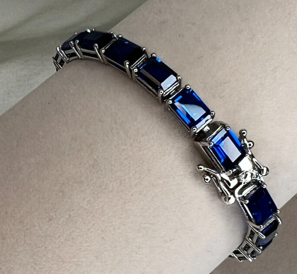 Blue Lab Created Spinel Rhodium / Sterling Silver 7.25″ tennis Bracelet 23.92ctw