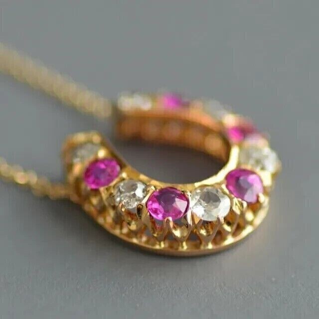 Round Cut Simulated Pink Ruby Women’s Horseshoe Pendant 14K Yellow Gold Plated