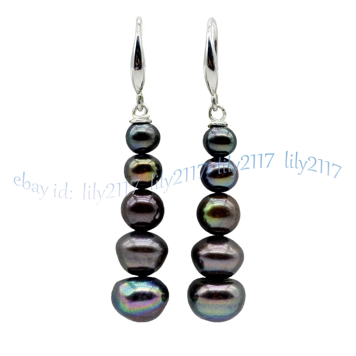 6-11mm Real Natural Black Freshwater Baroque Pearl Dangle Silver Hook Earrings