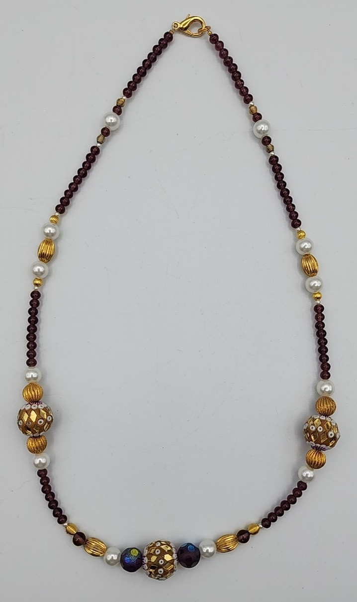 Necklace Artisan Handmade Color Amethyst Gold Plate & Vintage India Beads 22″