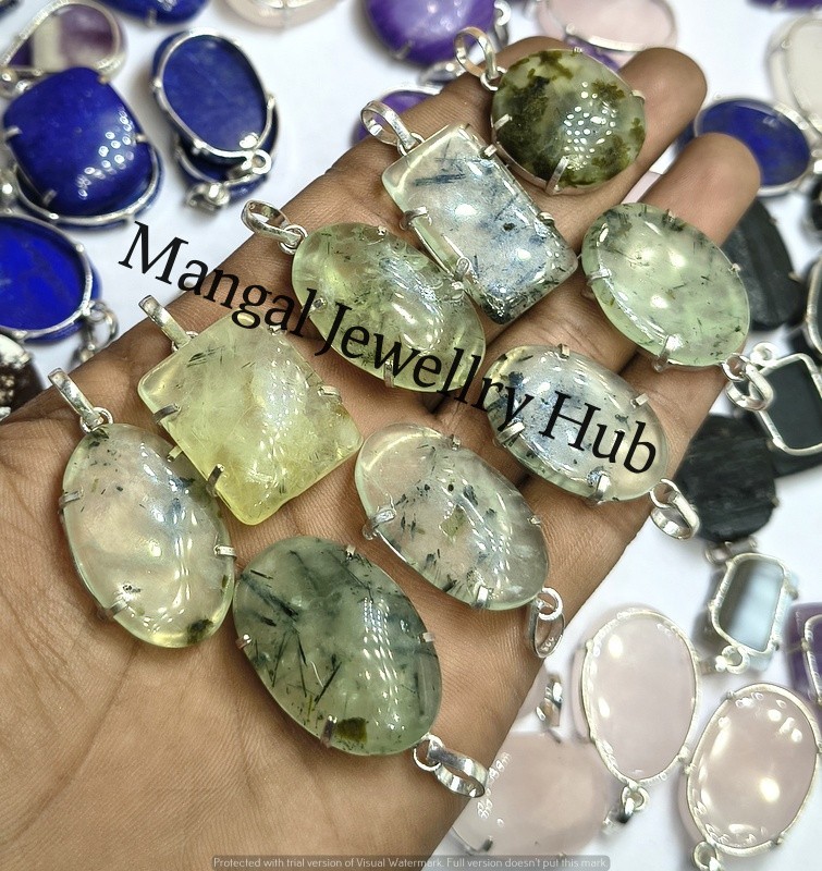 Trendy Prehnite Gemstone Prong Pendants 925 Sterling Silver Plated Lot Jewellery